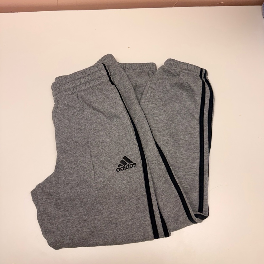 Adidas Kids Gray Joggers with Black Stripes- Youth medium